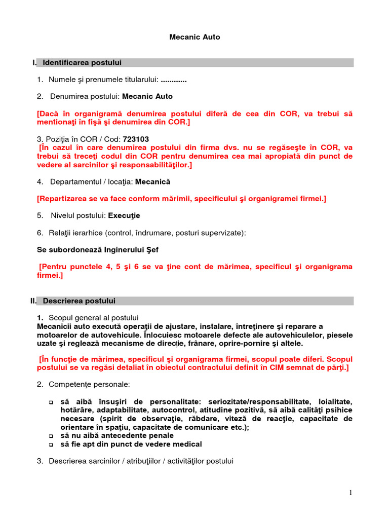 Fisa de Post Mecanic Auto | PDF