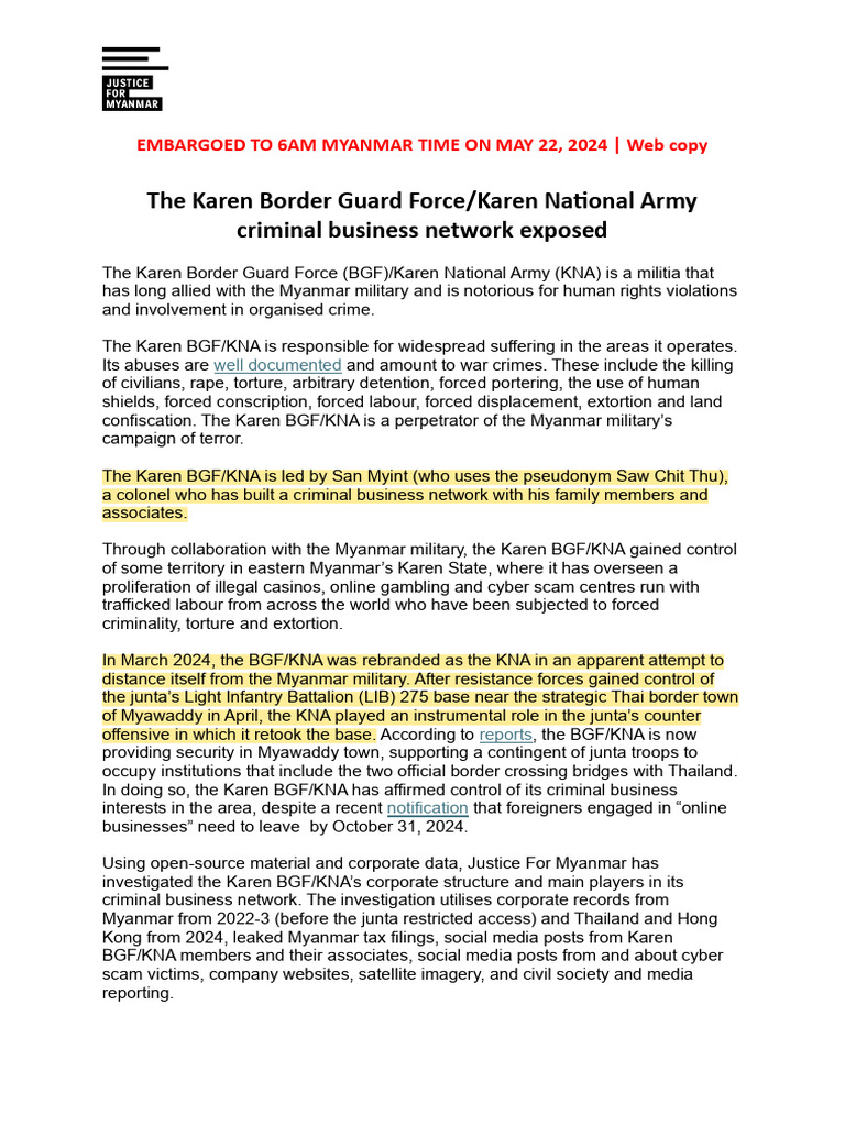The Karen Border Guard ForceKaren National Army Criminal Business ...