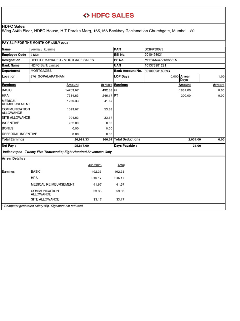 July 2023 Pay Slip for Veerraju Kusume | PDF | Payments | Government ...