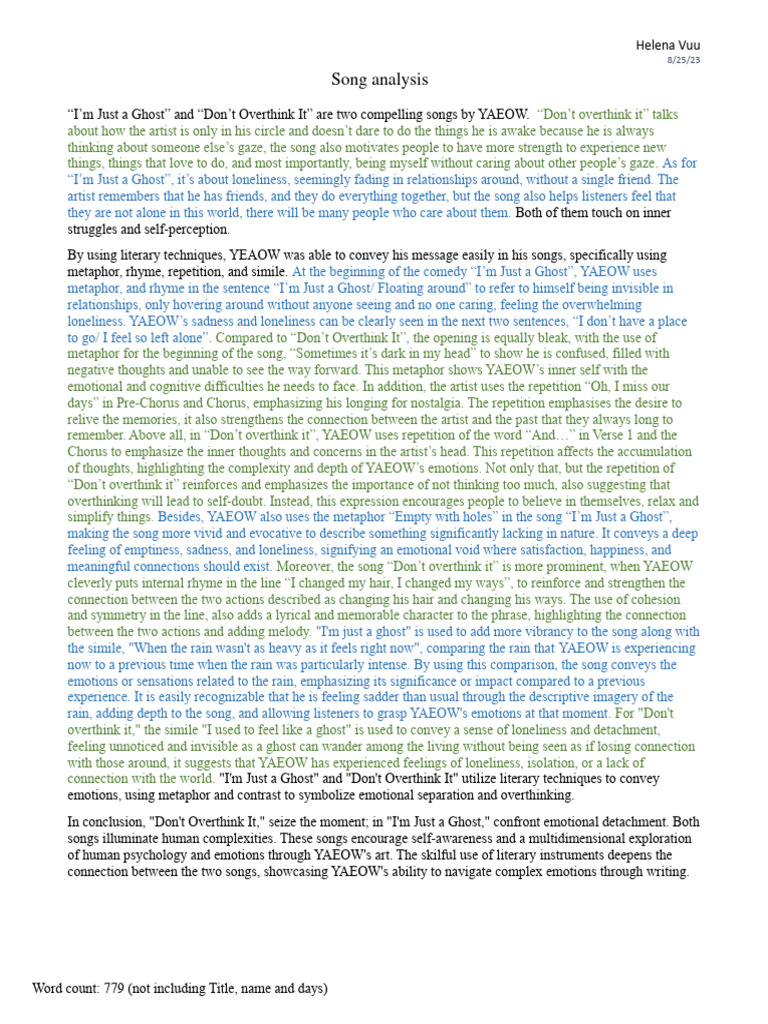 Song Analysis Pdf Loneliness Thought