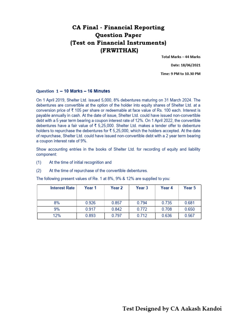 CA Final Financial Instruments Test Paper | PDF | Bonds (Finance ...
