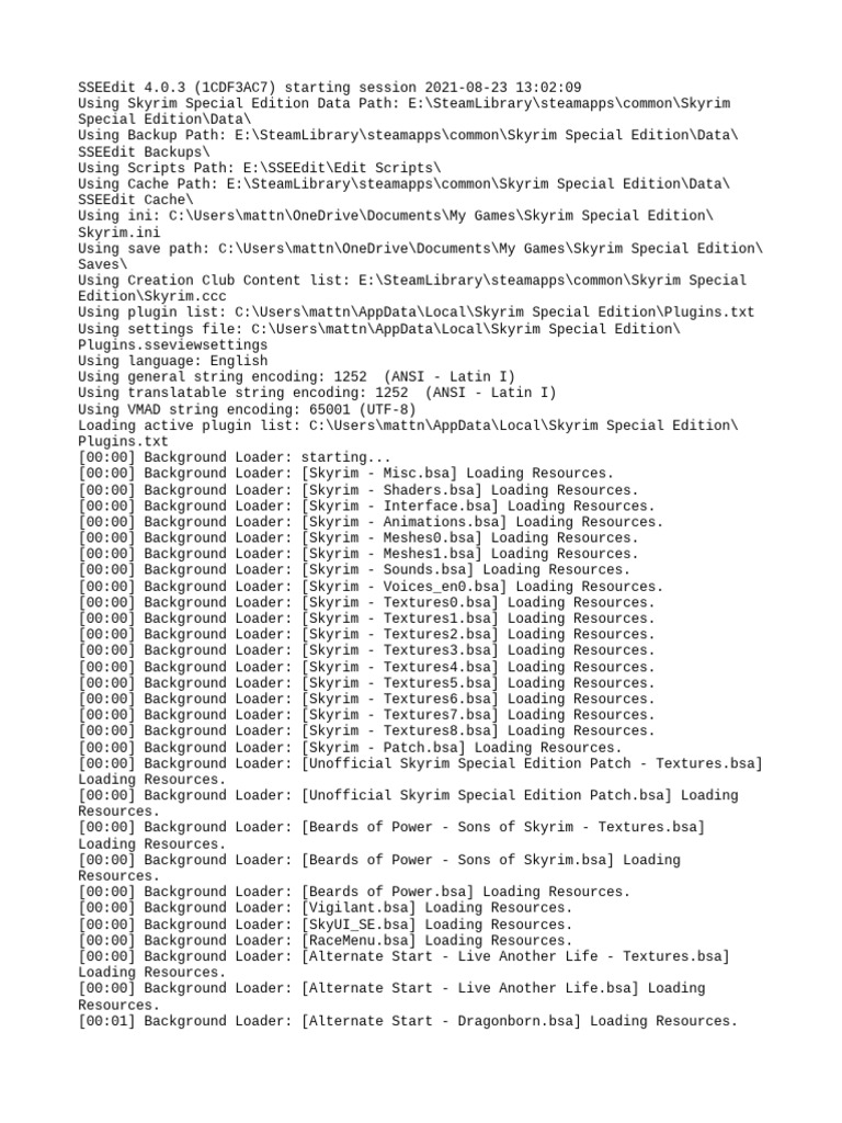SSEEdit 4.0.3 Skyrim Session Log | PDF | Text File | Computer Data