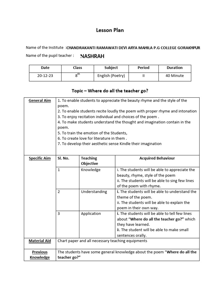 8th Grade English Poetry Lesson Plan | PDF | Poetry | Teachers