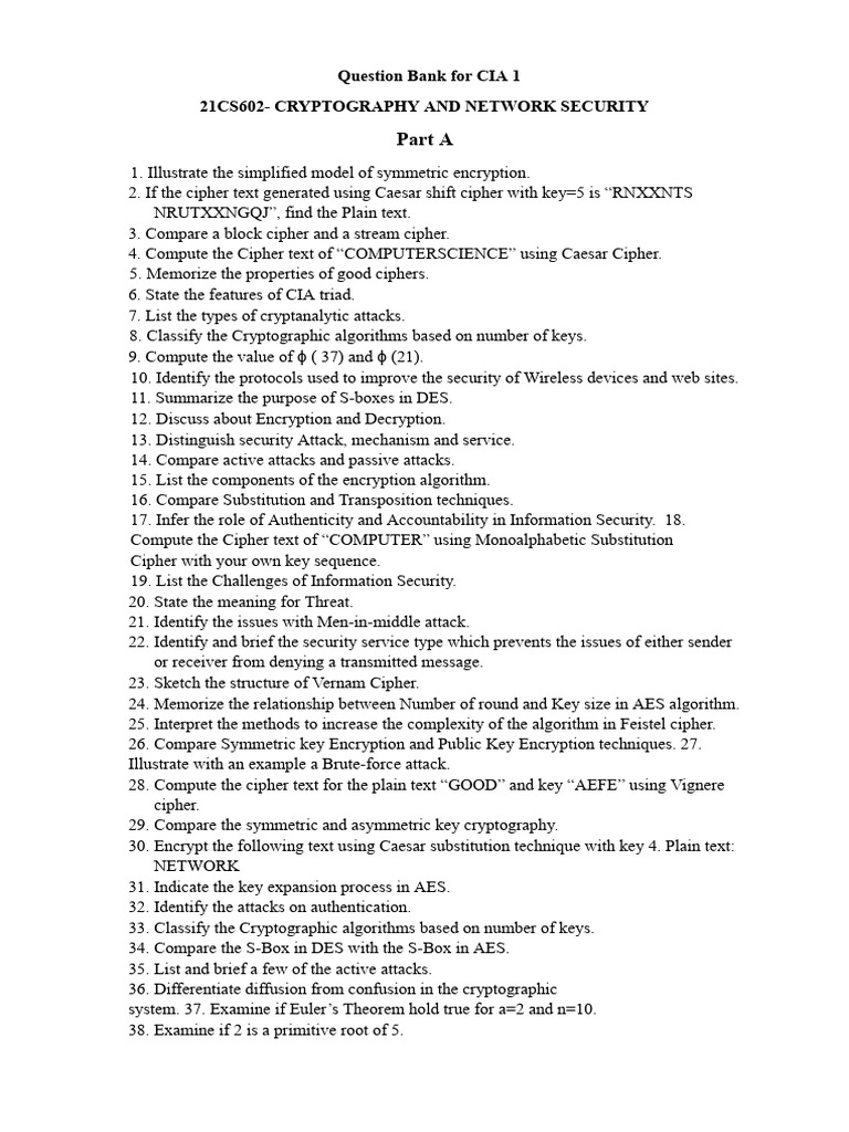 CIA Question Bank for Cryptography | PDF | Cryptography | Encryption