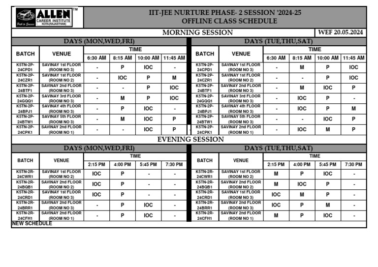 Iit-Jee Nurture Phase-2 Session '2024-25 Offline Class Schedule Morning ...