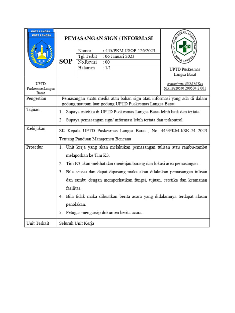 Sop Pemasangan Sign 2023 | PDF