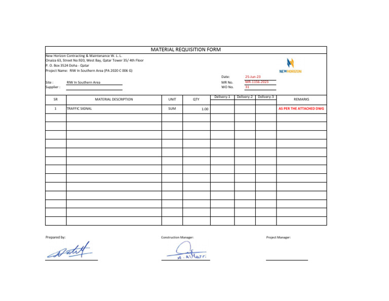 Material Requisition for Traffic Signal | PDF