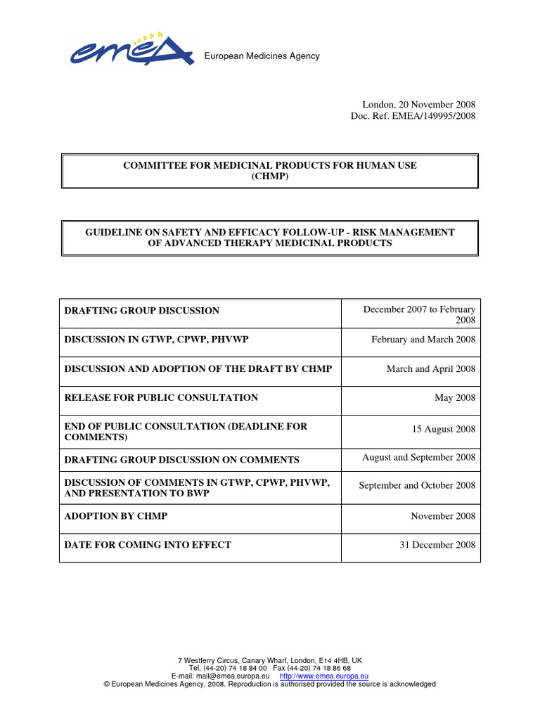 ATMP Risk Management Guidelines | PDF | Pharmacovigilance | Clinical Trial