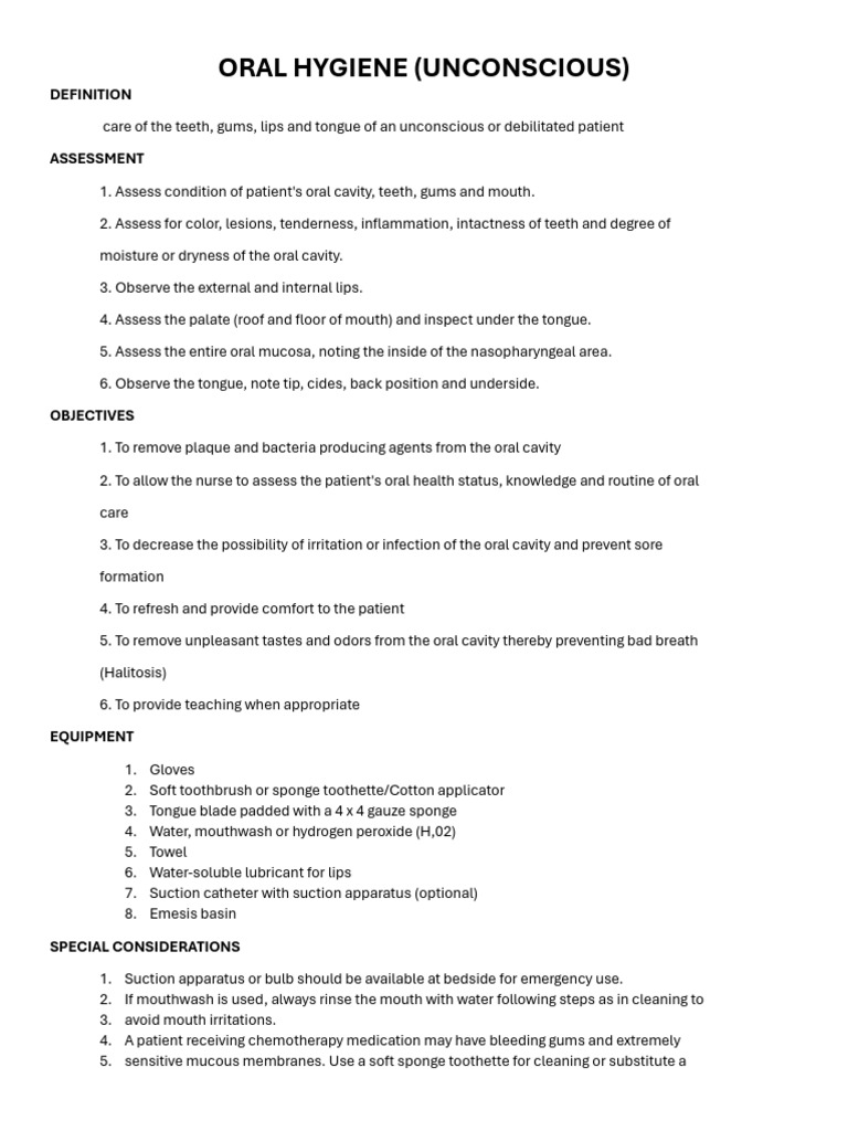 Oral Care Procedures for Unconscious Patients | PDF | Oral Hygiene | Mouth