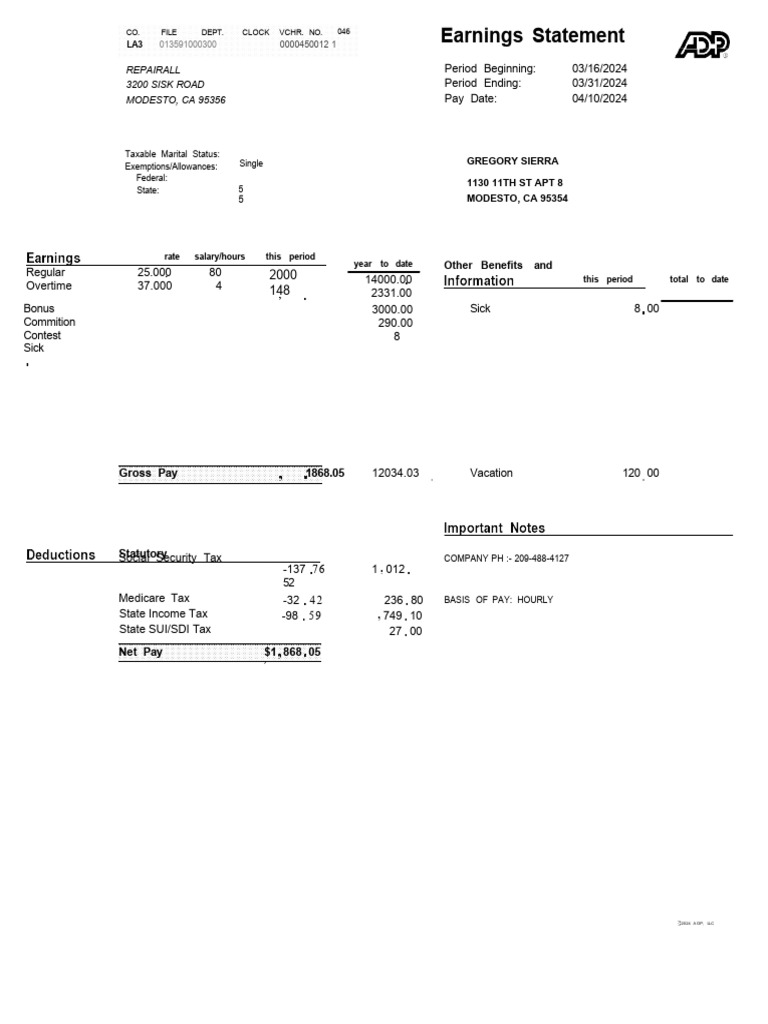 ADP Earnings Statement Summary | PDF | United States Law | Public Finance