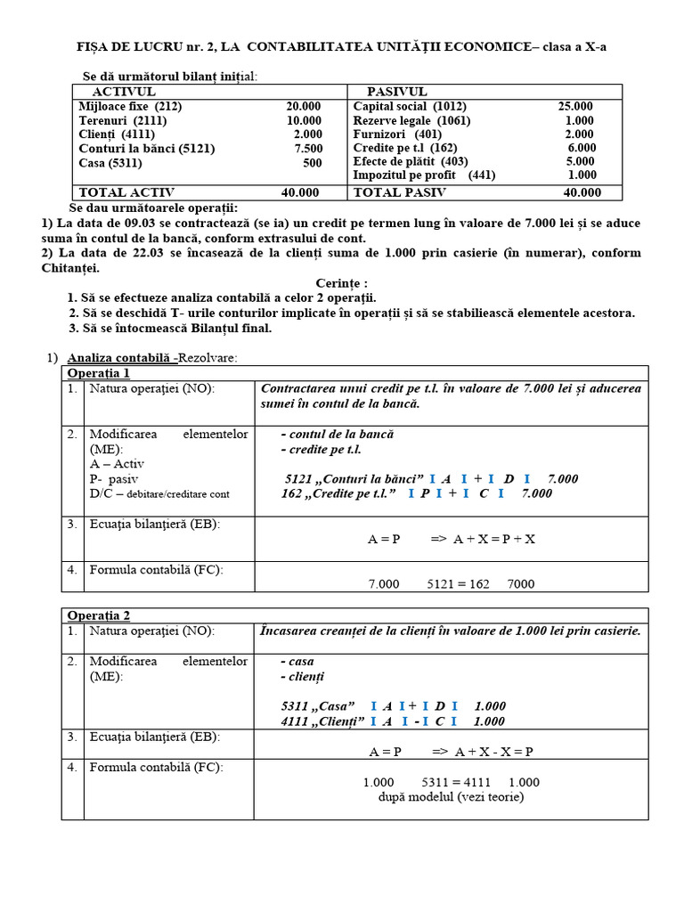 0 Cls X Fisa de Lucru Rezolvata NR 2 Bilant Contul Analiza Contabila | PDF