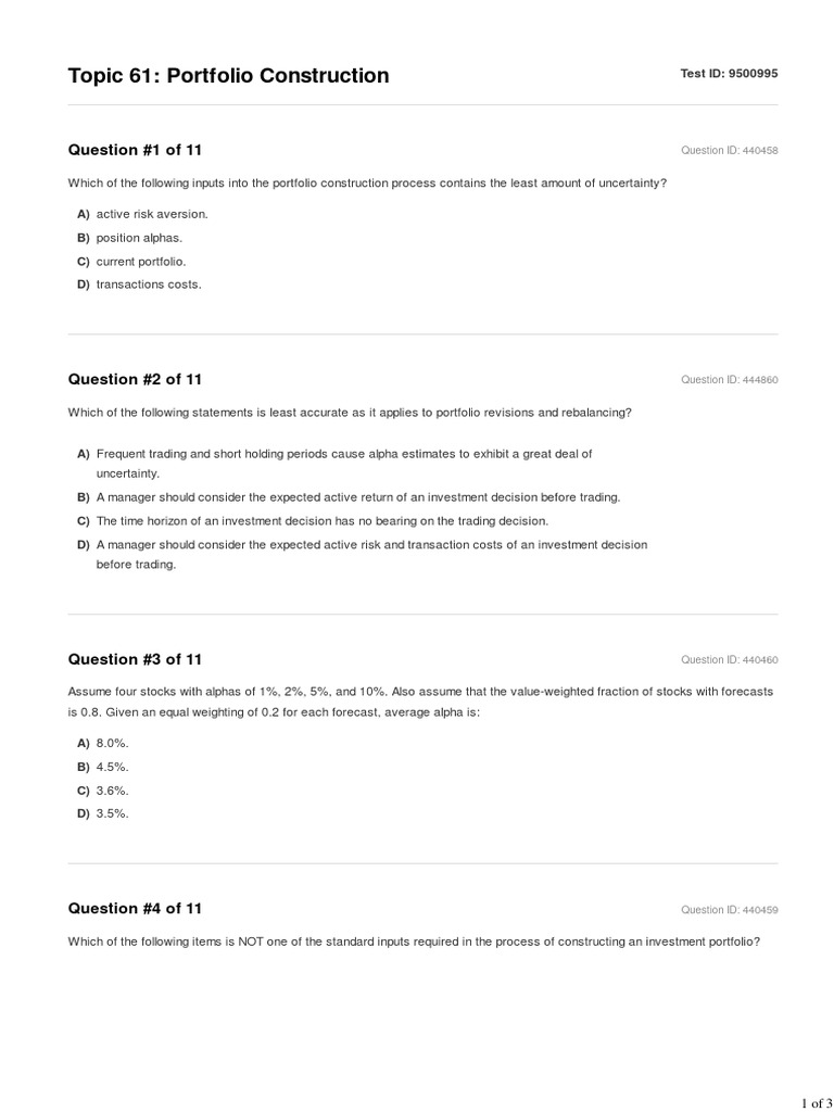Topic 61 - Portfolio Construction Question | PDF | Beta (Finance) | Risk