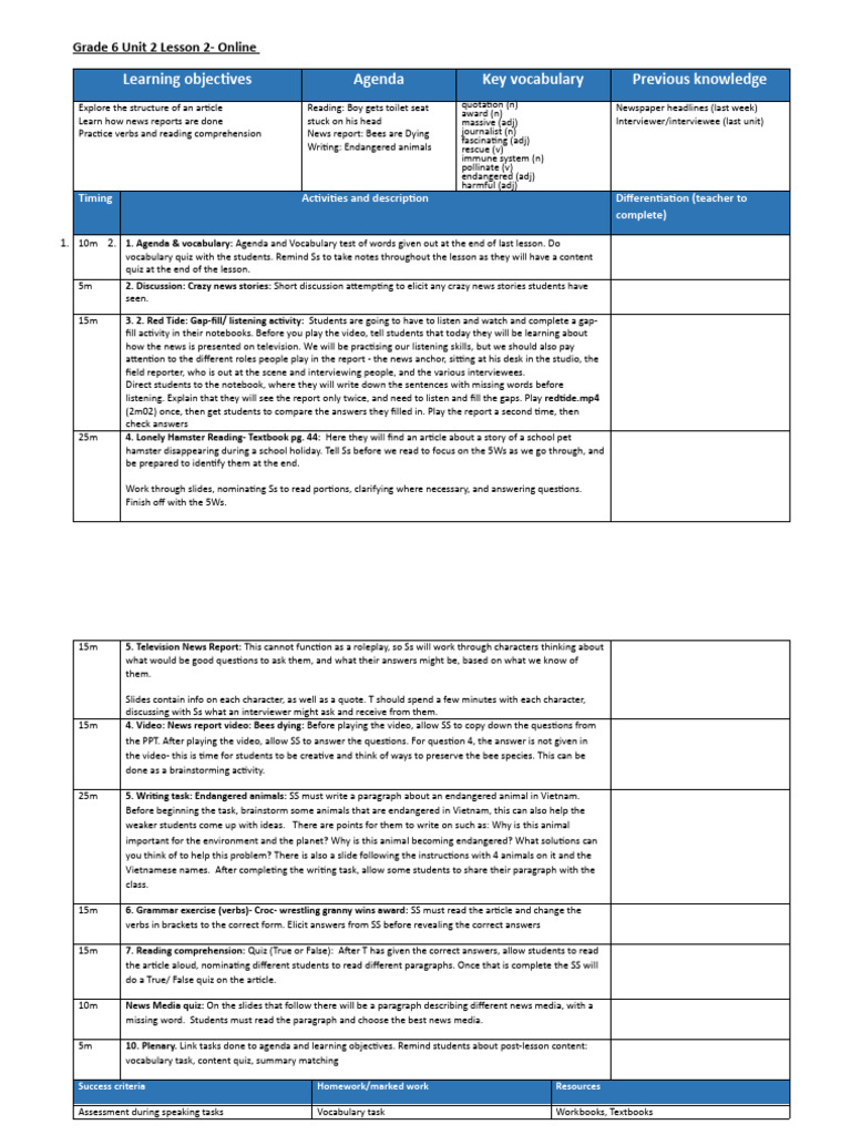 G6U2L2 Lesson Plan (New) | PDF | Vocabulary | Reading Comprehension