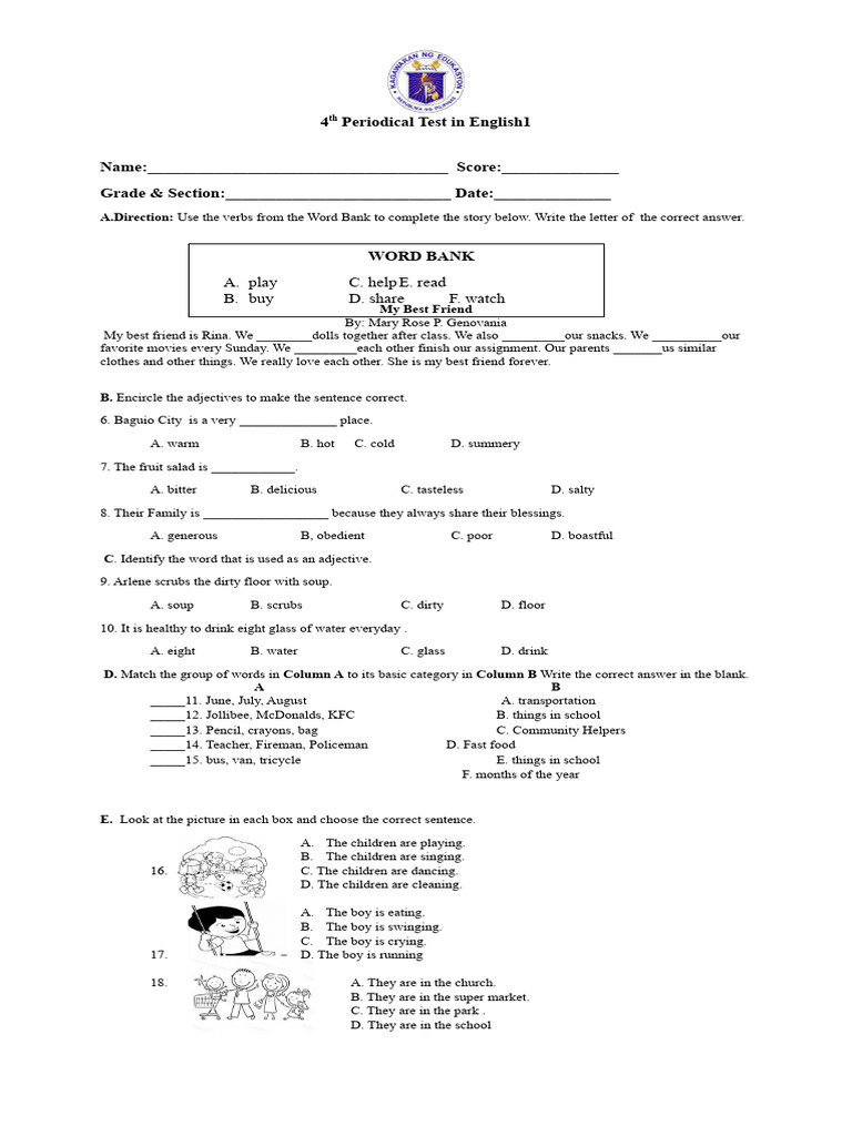 Grade 1 English Periodical Test | PDF | Linguistics