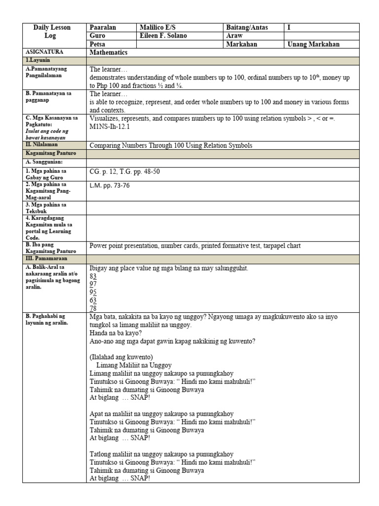 Math COT-Quarter 1-Comparing Numbers - Docx Version 1 | PDF