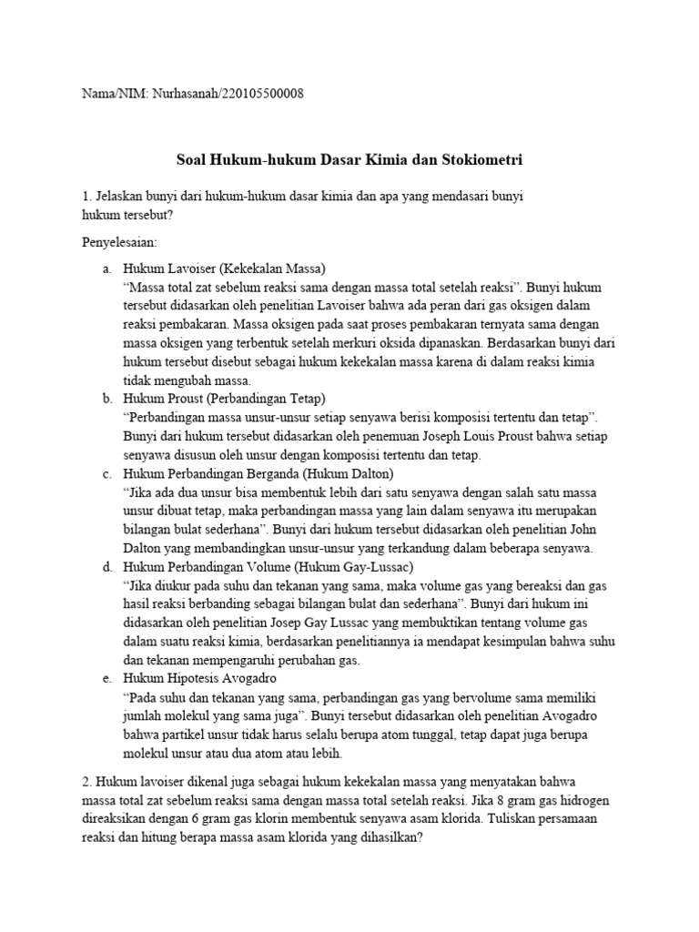 Hukum Dasar Kimia dan Stokiometri | PDF | Metode & Bahan Ajar | Sains ...