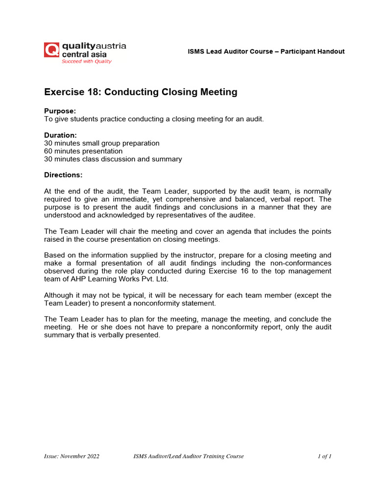 18 - Participant Workbook - Ex 18 - Closing Meeting | PDF | Career ...