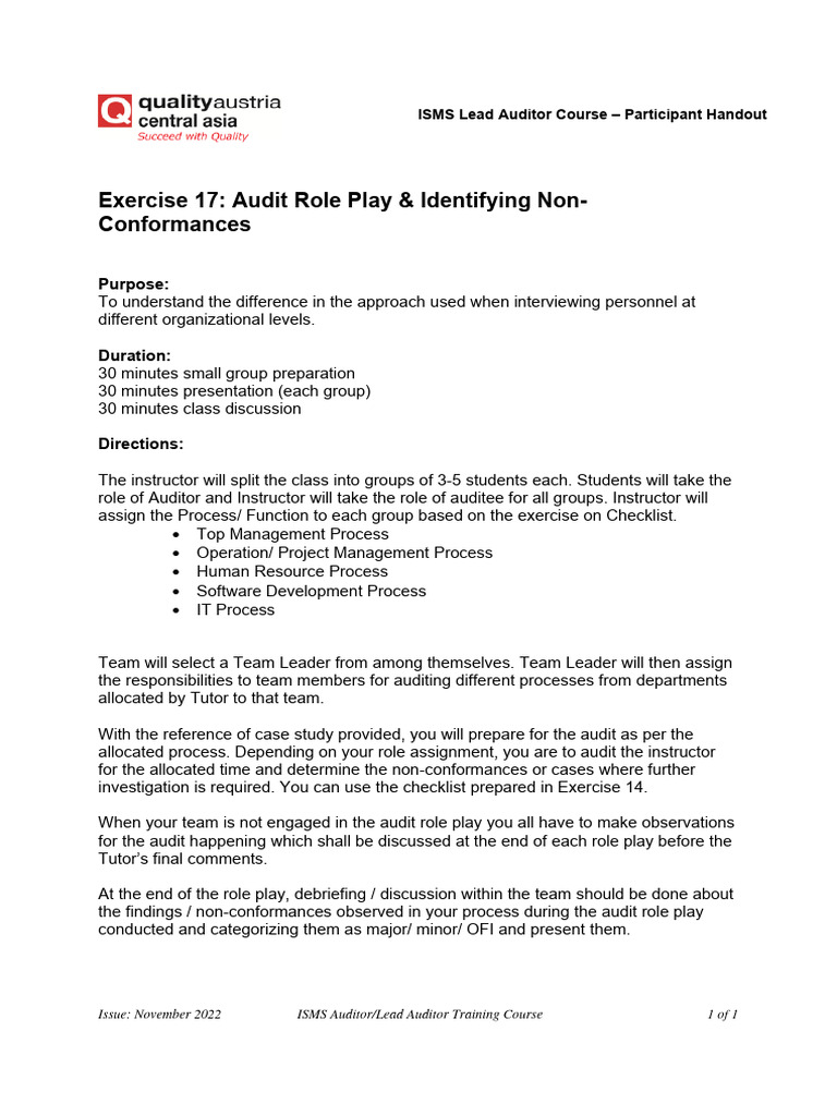 17 - Participant Workbook - Ex 17 - Audit Role Play | PDF | Career ...