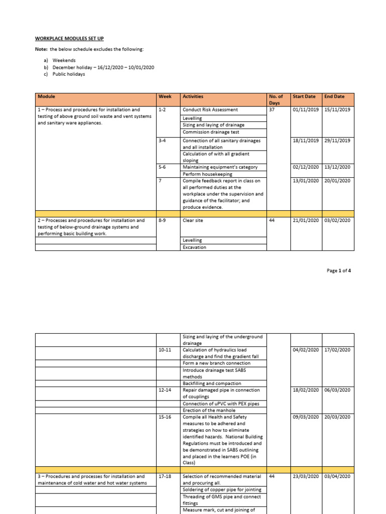 Workplace Modules Setup Schedule | PDF | Pipe (Fluid Conveyance)