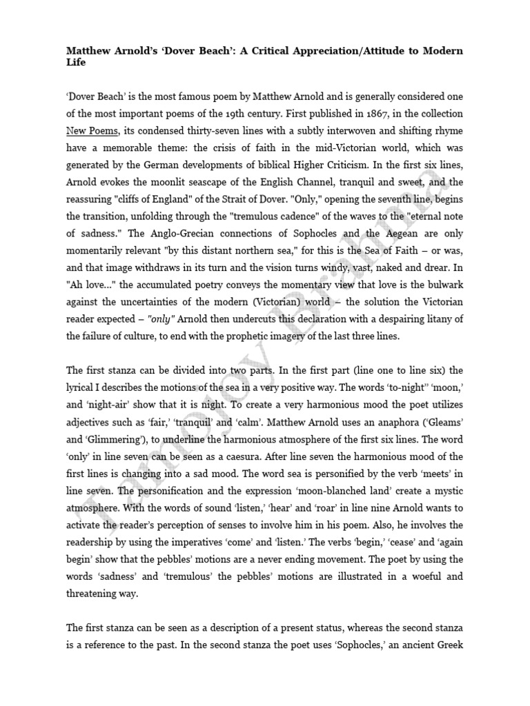 Dover Beach - A Critical Appreciation | PDF | Art | Poetry