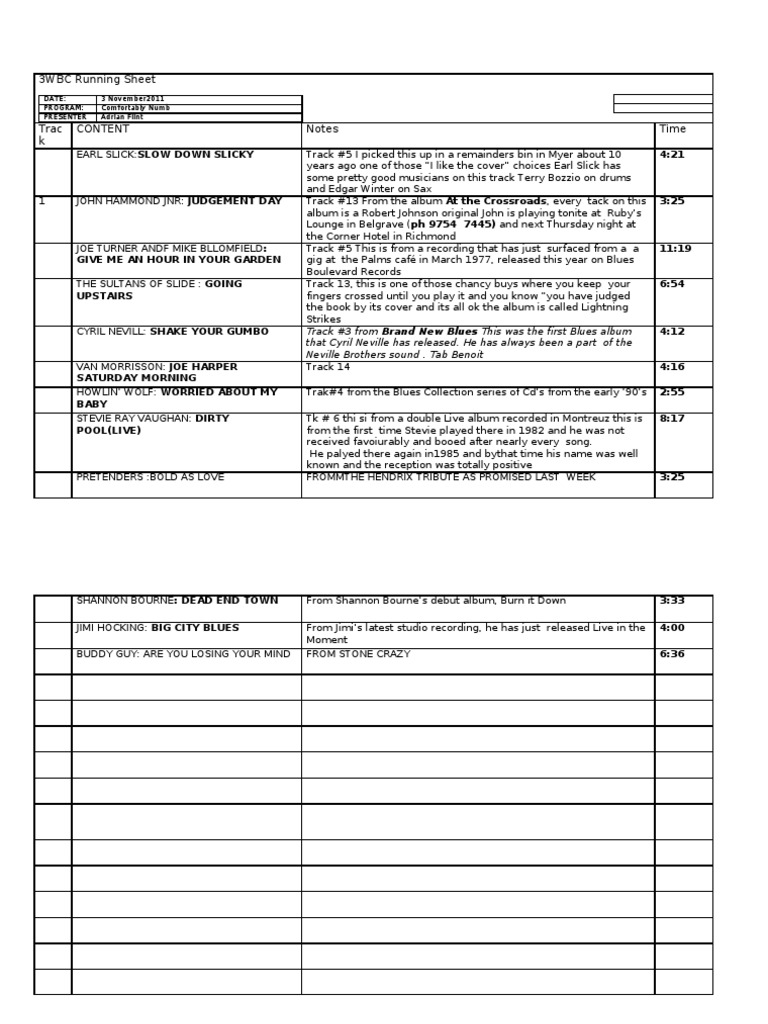 3wbc Run Sheet Comfortably Numb 2011103 | PDF | Sports & Recreation | Art