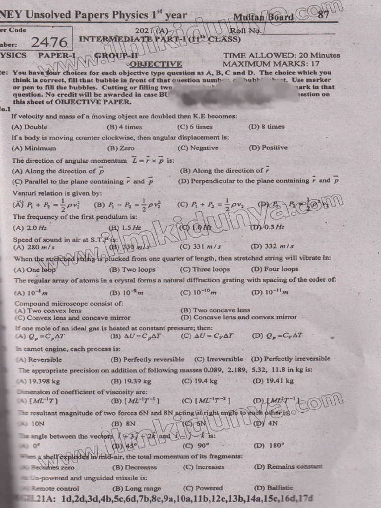 Past Paper 2021 Annual Multan Board Inter Part 1 Physics Group II ...