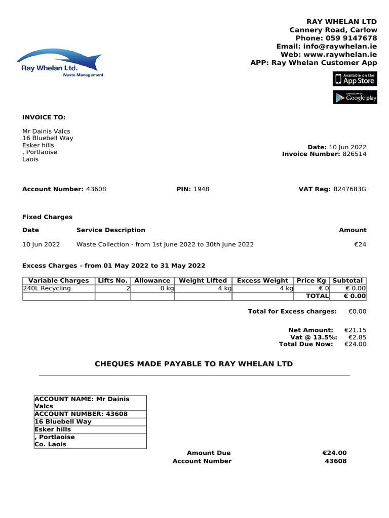 Invoice for Waste Collection Services | PDF | Waste