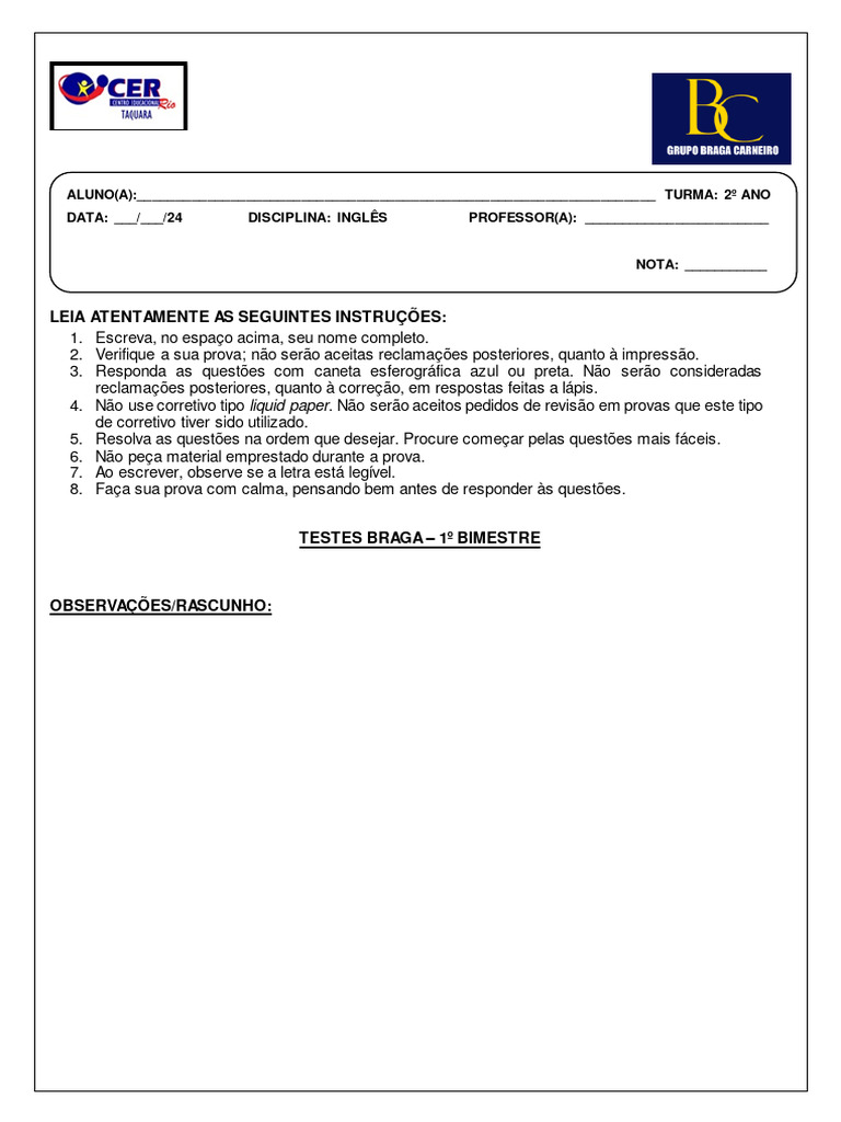 Instruções para Prova de Inglês 2º Ano | PDF
