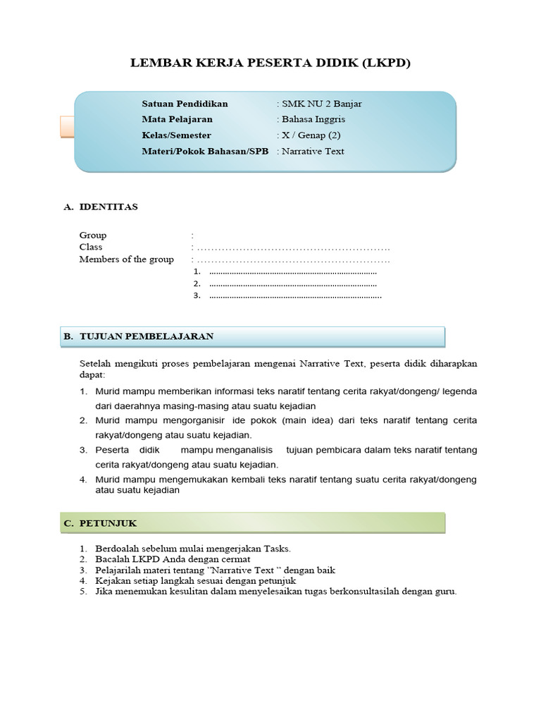 LKPD Narrative Text for English Class | PDF | Religion & Spirituality