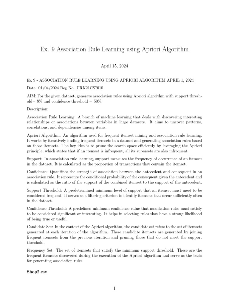 Ex. 9 Association Rule Learning Using Apriori Algorithm | PDF | Applied ...