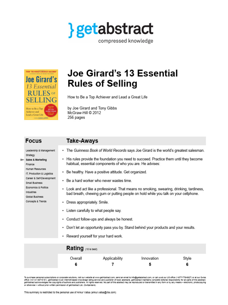 Joe Girards 13 Essential Rules of Selling Girard PDF Sales Lie