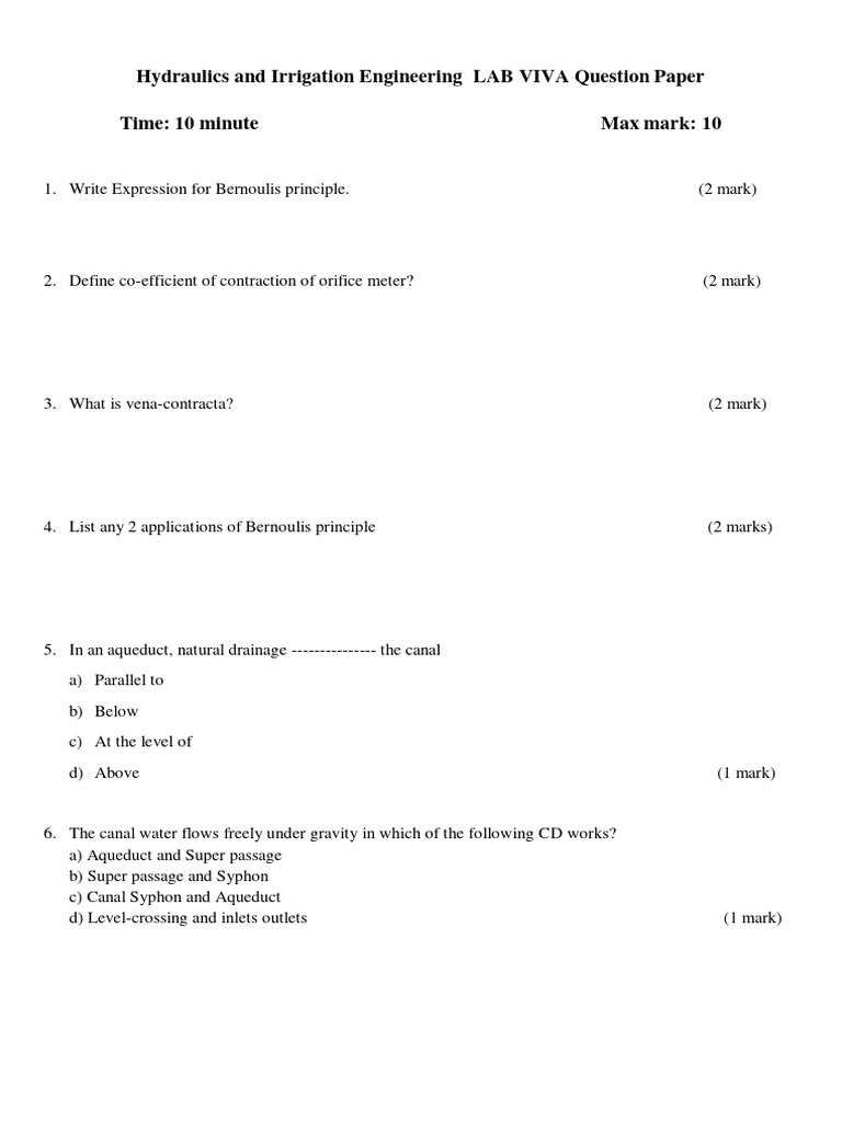 Hydraulics and Irrigation Lab Viva Qns PDF