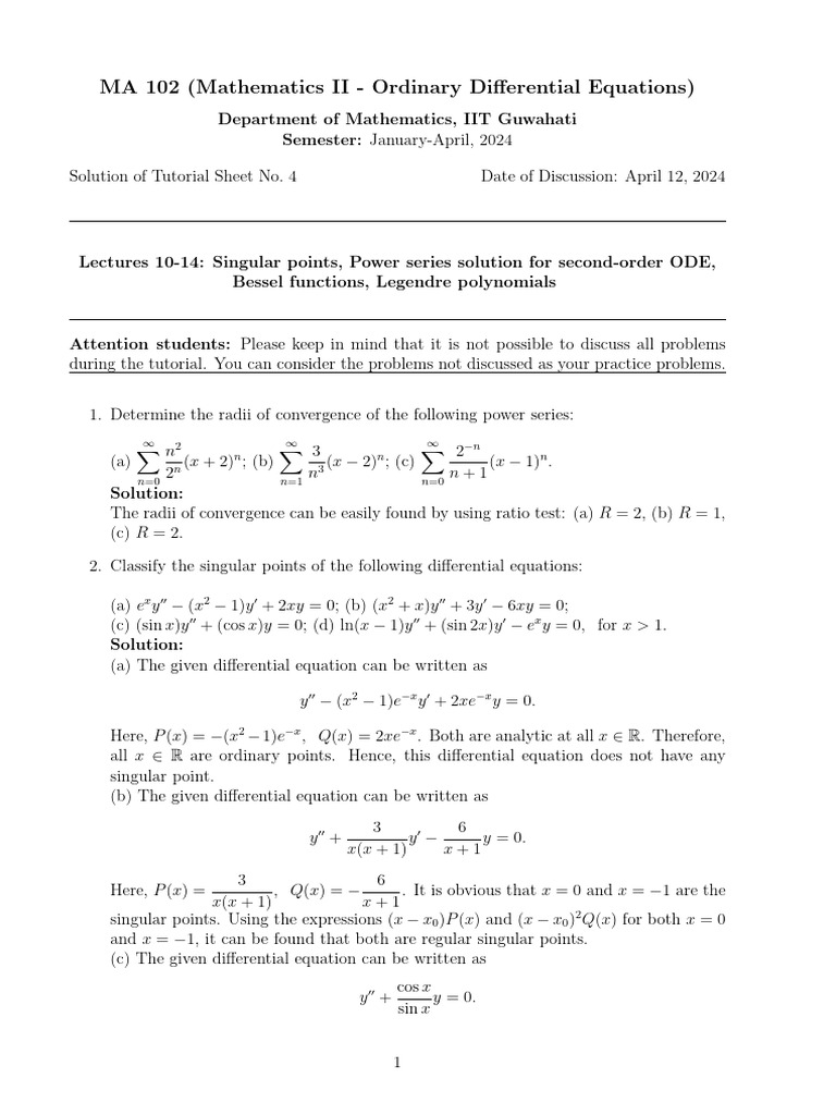 ODE Tutorial Sheet 4 Solutions | PDF | Differential Equations ...