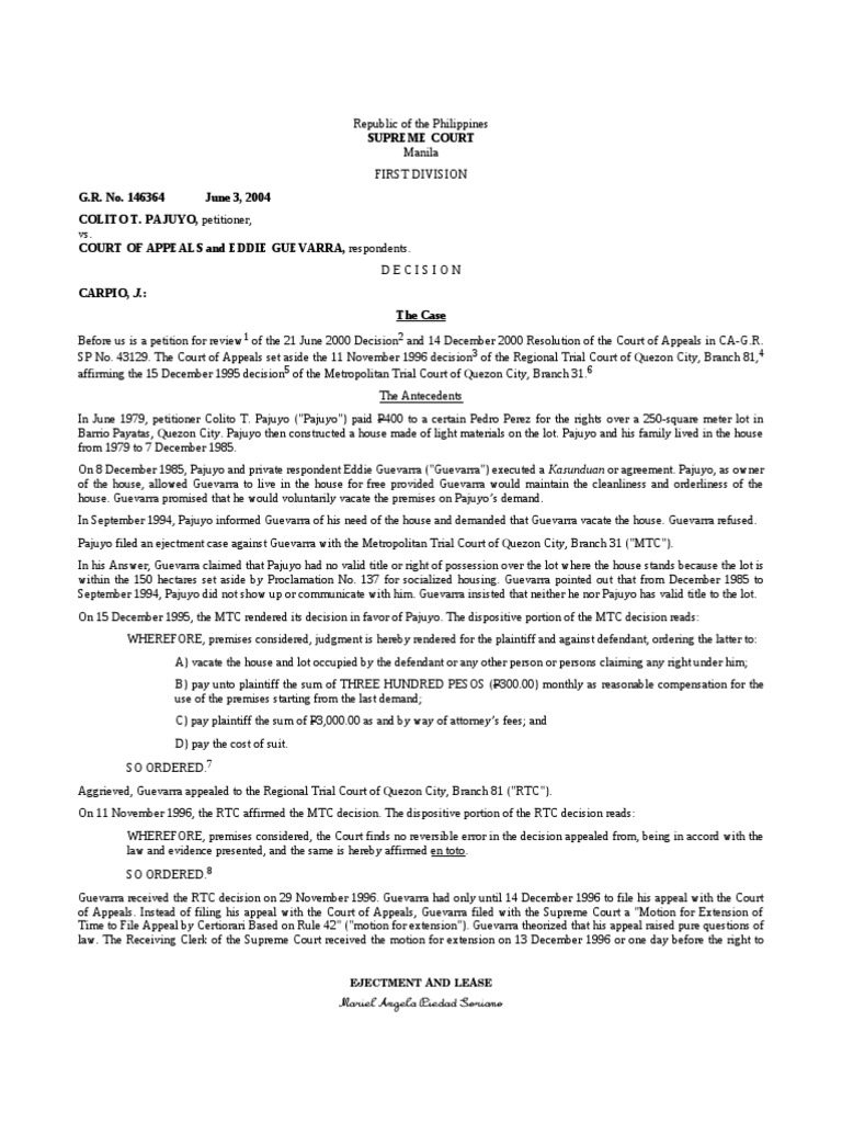 Ejectment and Lease Cases Appeal Lawsuit