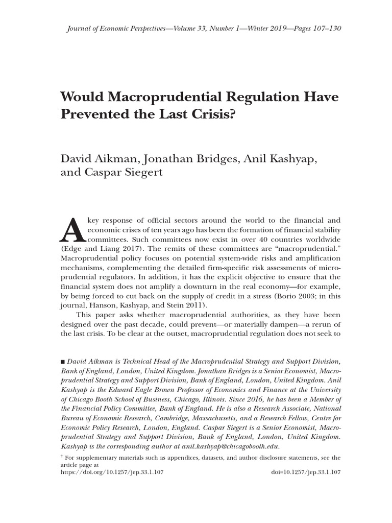 Macroprudential Regulation and Crisis Prevention | PDF ...