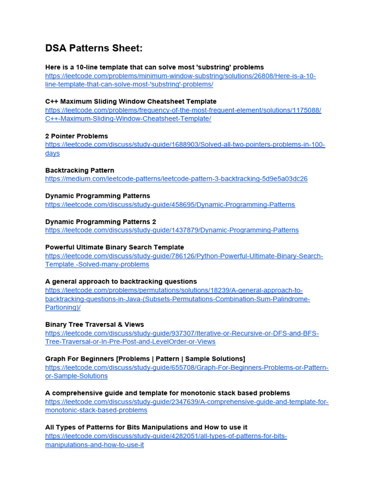 DSA Patterns Sheet Kushal Vijay | PDF | Computers