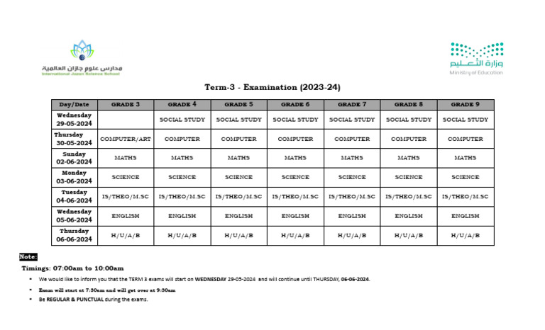 Term 3 Exams Schedule (3-9) | PDF