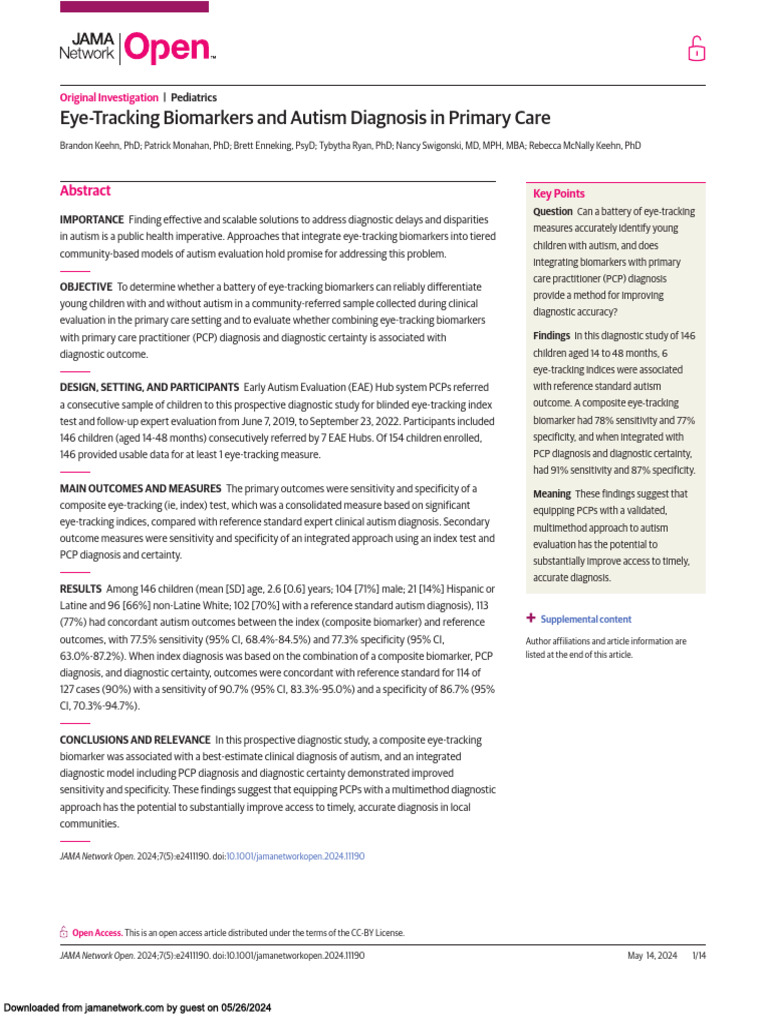 Eye-Tracking Biomarkers for Autism Diagnosis | PDF | Sensitivity And ...