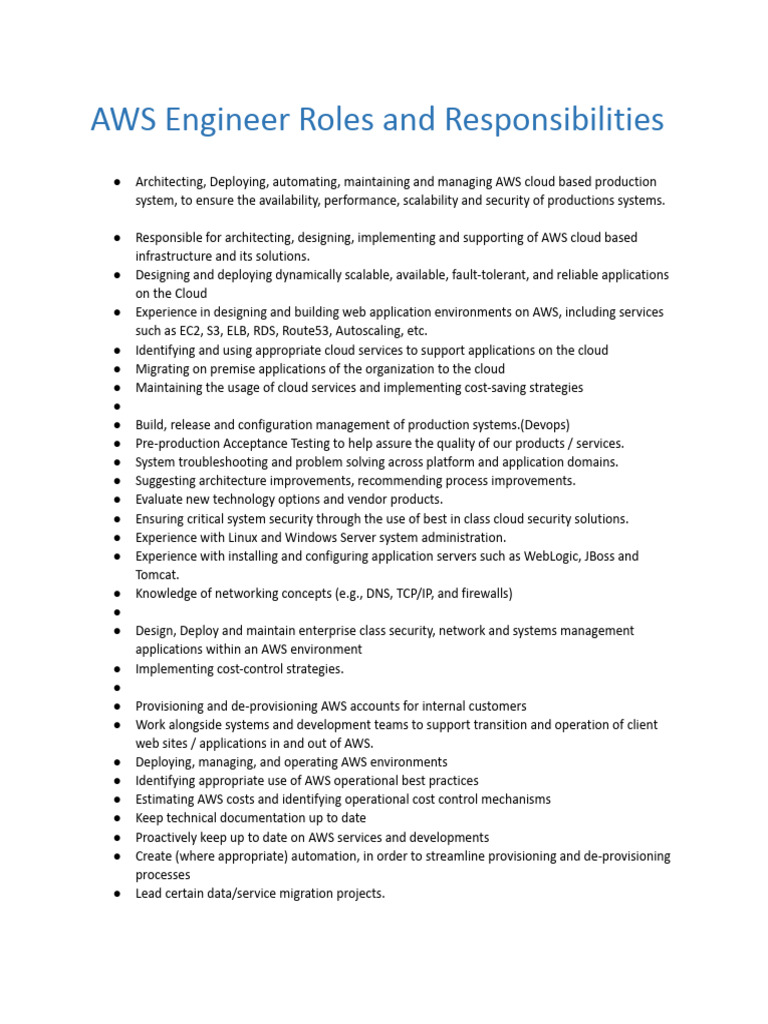 AWS Engineer Job Responsibilities Guide | PDF | Cloud Computing ...