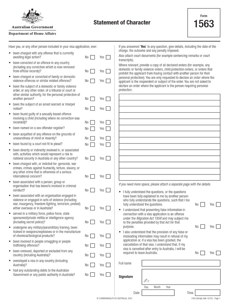 Visa Character Statement Form 1563 | PDF | Crimes | Crime & Violence