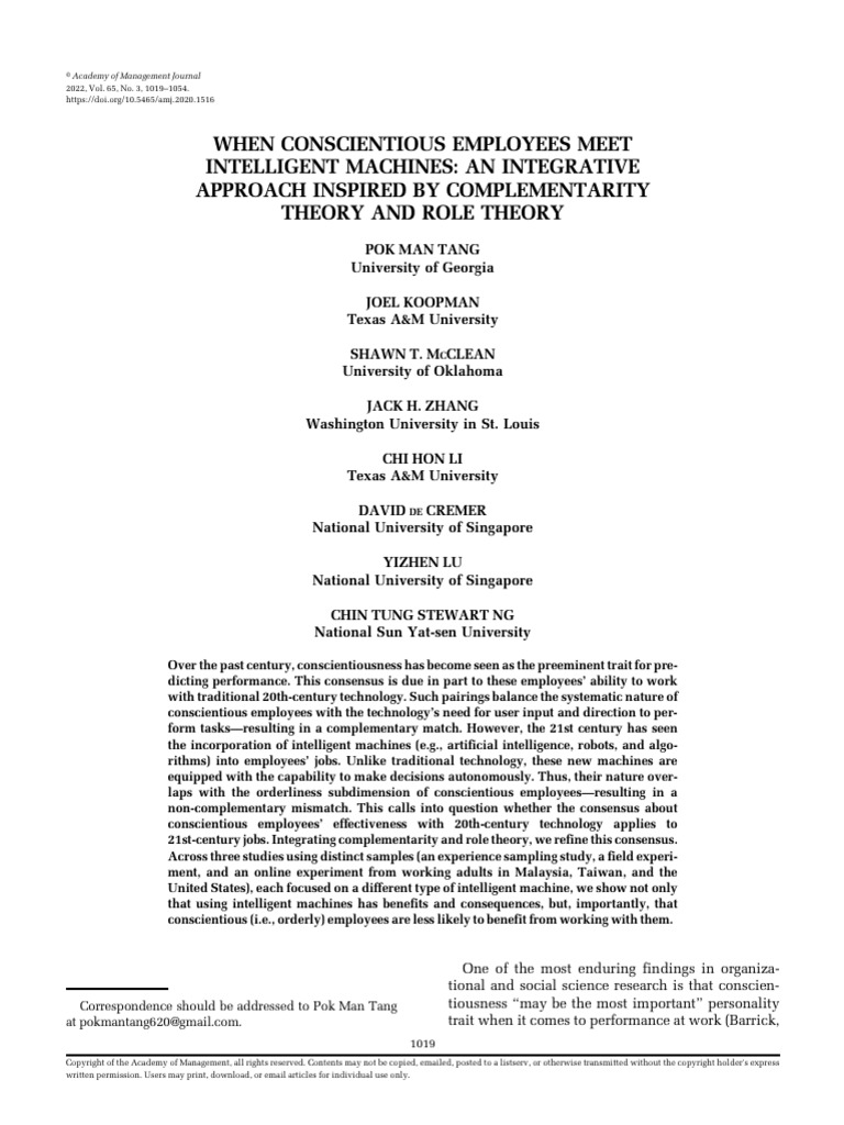 Tang Et Al. (2022) - AMJ. When Conscientious Employees Meet Intelligent ...