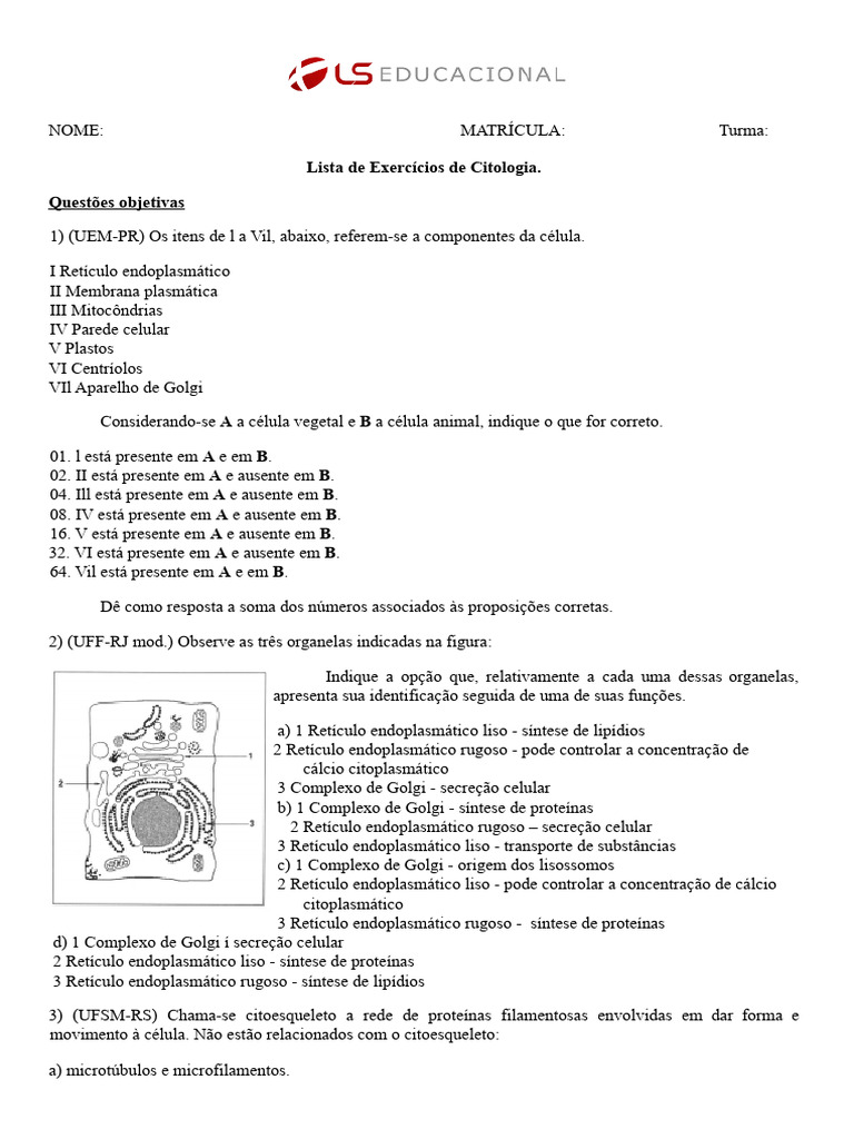 Lista Exercícios Citologia | Download grátis PDF | Célula (Biologia ...