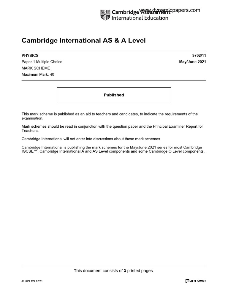 Cambridge International AS & A Level: Physics 9702/11 May/June 2021 ...
