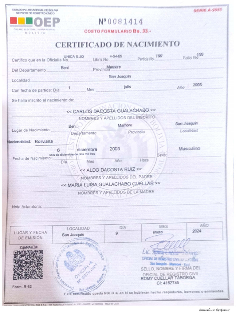 Certificado de Nacimiento Carlos | PDF
