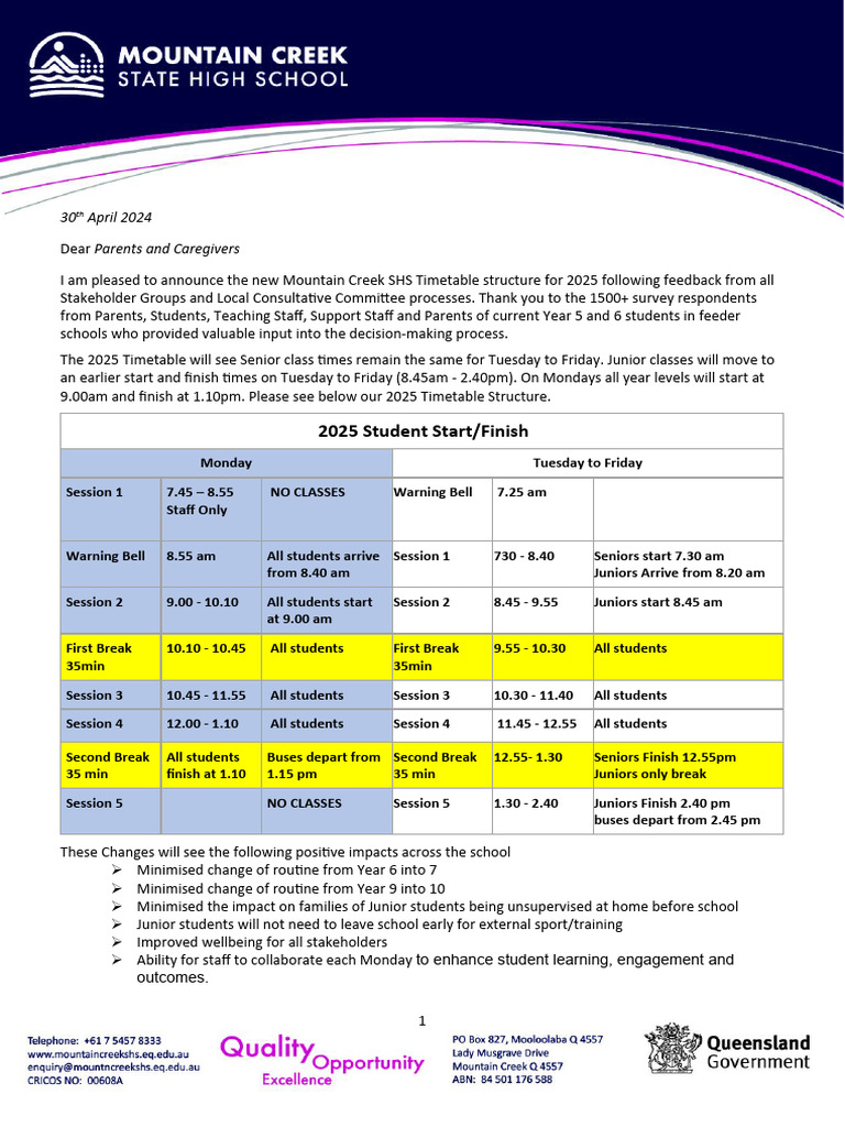 Mountain Creek SHS 2025 Timetable 2025 PDF