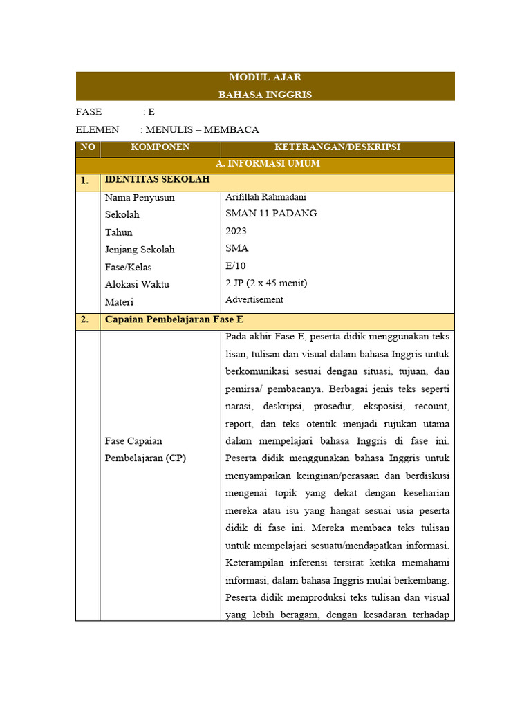 Modul Ajar Advertisement Text | PDF