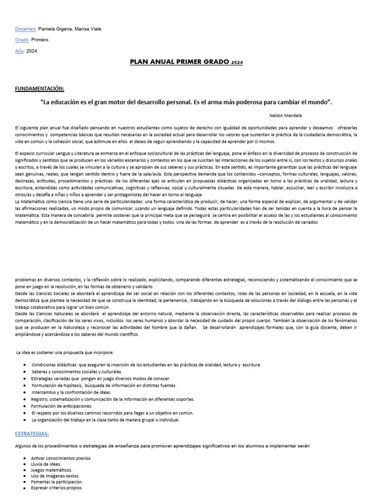 Plan Anual Primer Grado 2024 | PDF | Aprendizaje | Sociedad