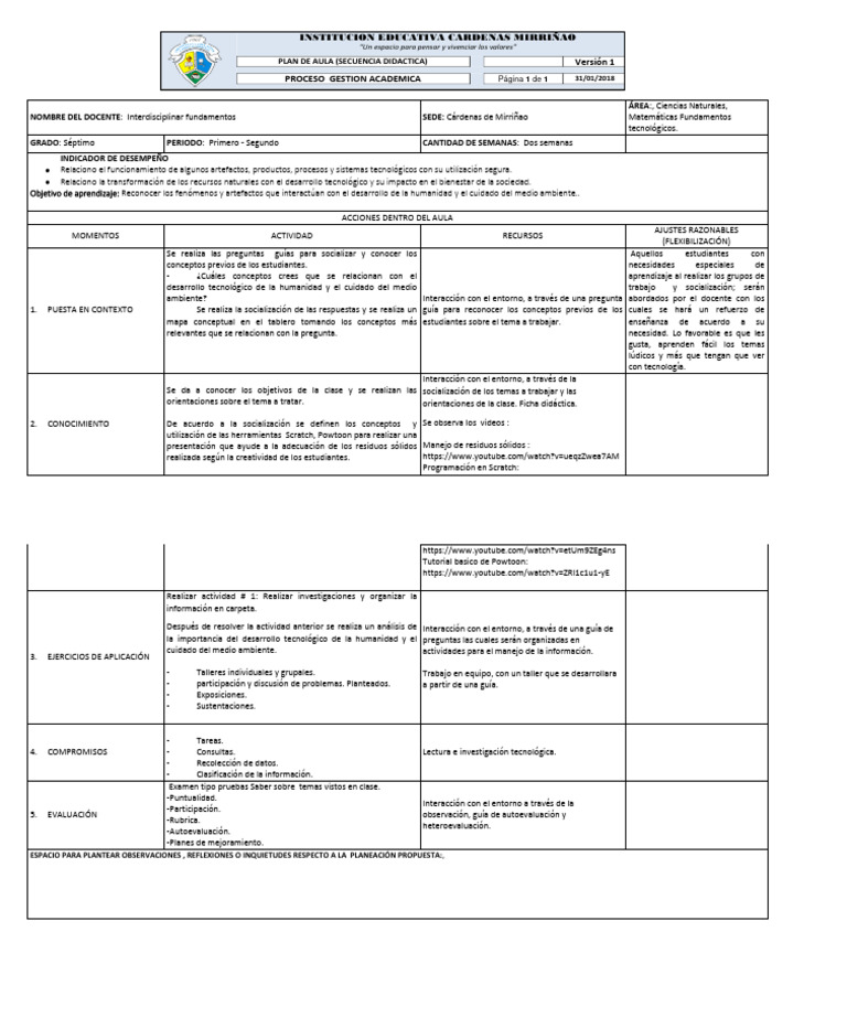 Plan de Clase 7 | PDF | Enseñando | Salón de clases