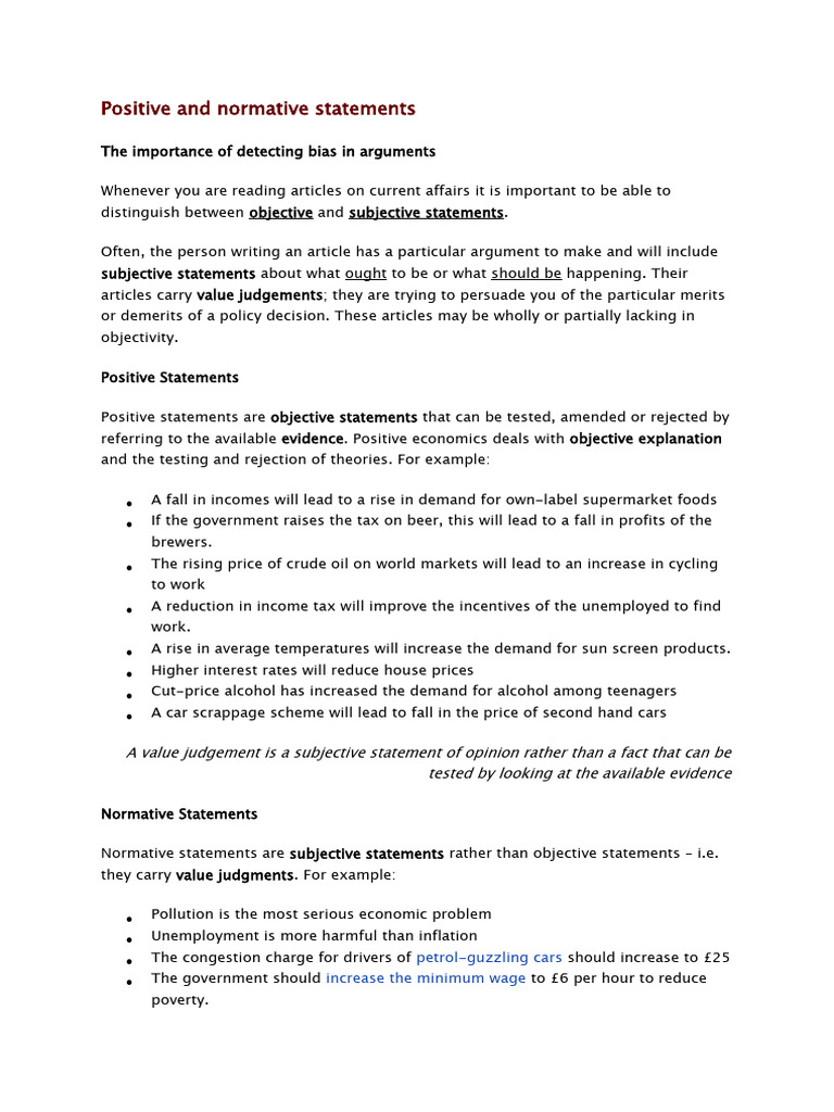 Positive and normative statements worksheet pdf economics prices