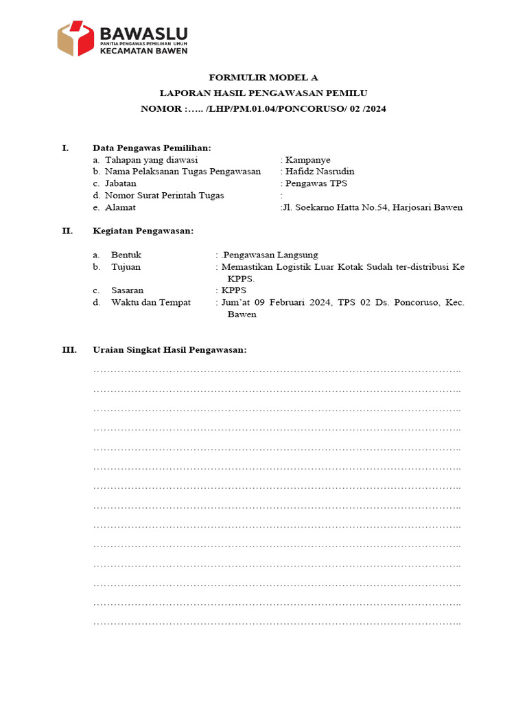 Form A Pengawasan Pemilu 2024 | PDF